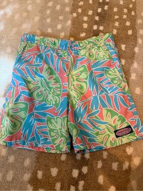 Vineyard Vines Kids Swim Trunks in Coral, Aqua & Lime Leaf Print